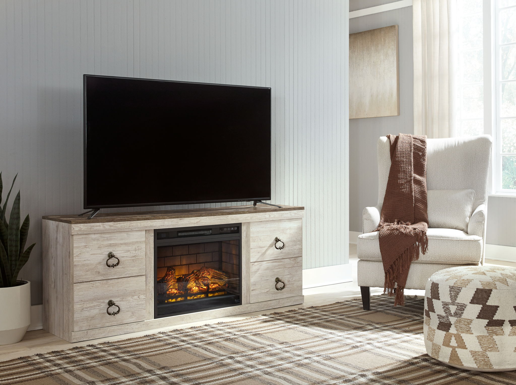 Whitewash TV stand with faux firebrick fireplace insert