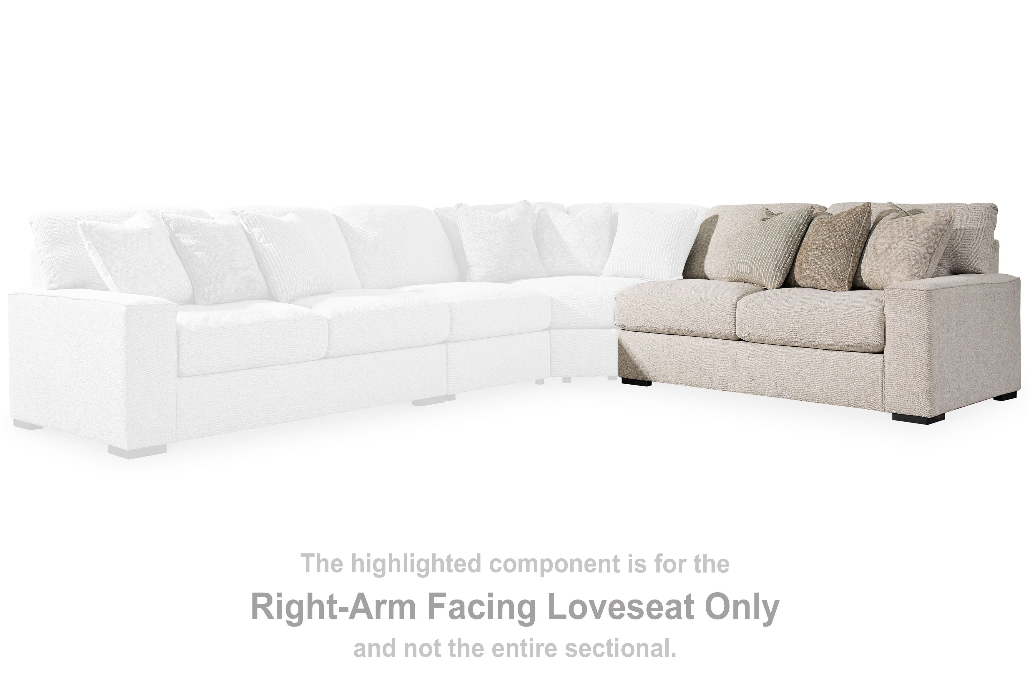 Sand fabric right-arm loveseat with three back cushions and decorative pillows
