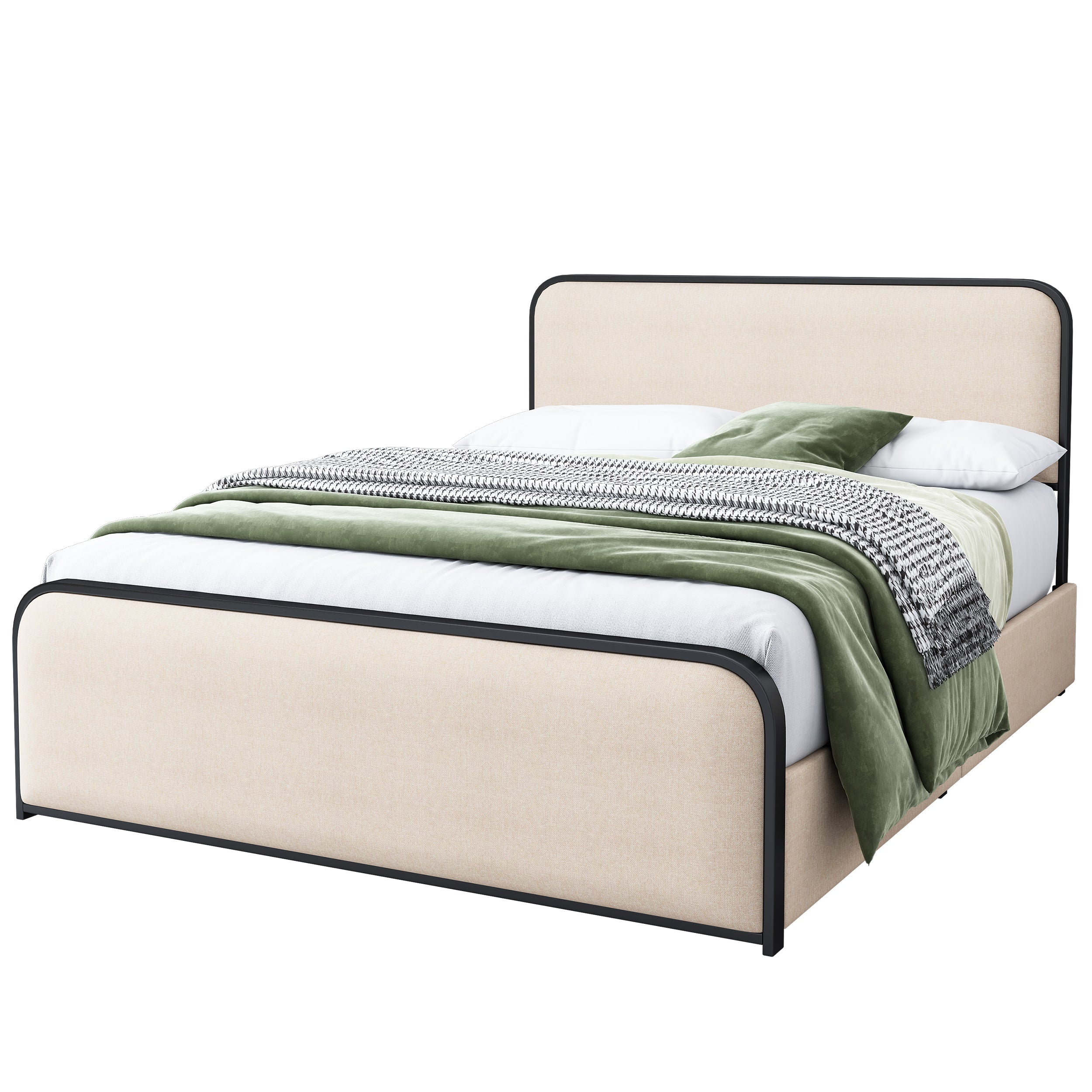 Beige King Metal Bed Frame w/ Storage, Upholstered Headboard