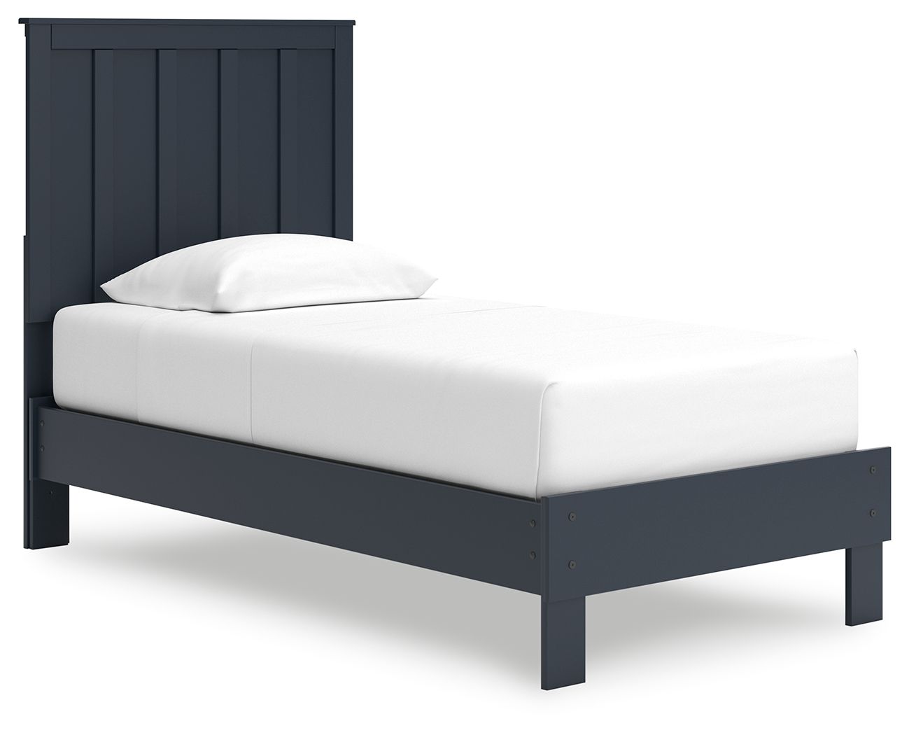 Platform bed with dark blue headboard and white upholstered mattress