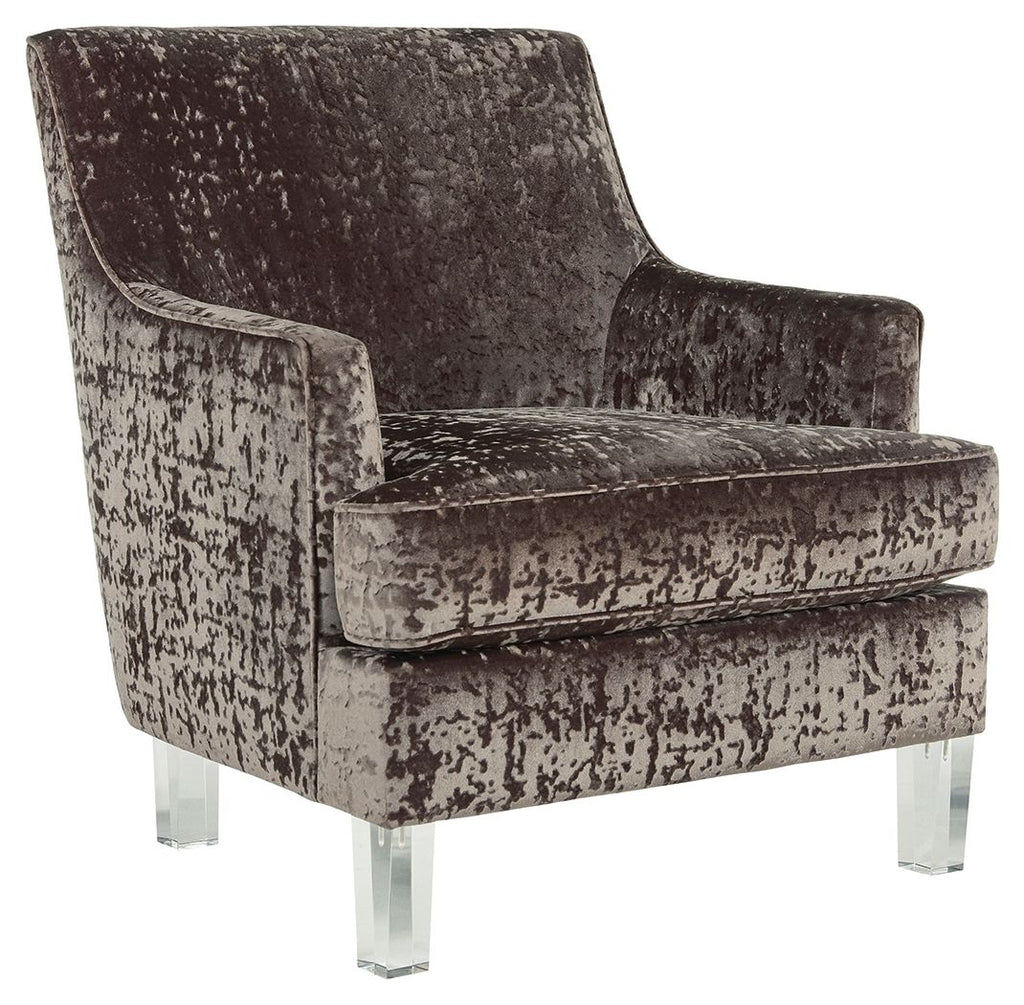 Charcoal accent chair with distressed fabric, wing arms, and clear square legs