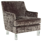 Charcoal accent chair with distressed fabric, wing arms, and clear square legs