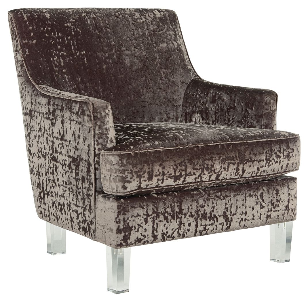 Charcoal accent chair with distressed fabric, wing arms, and clear square legs
