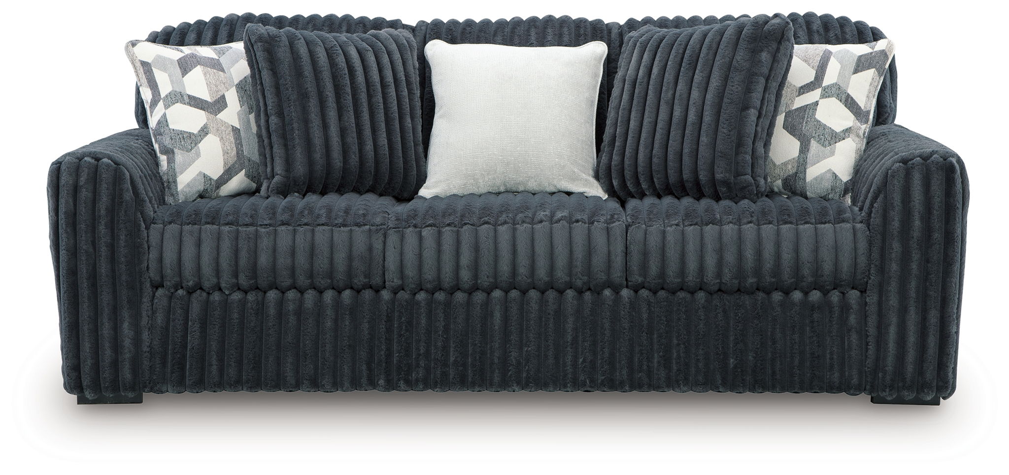 Dark gray corduroy sofa with two patterned throw pillows and a light center back cushion.