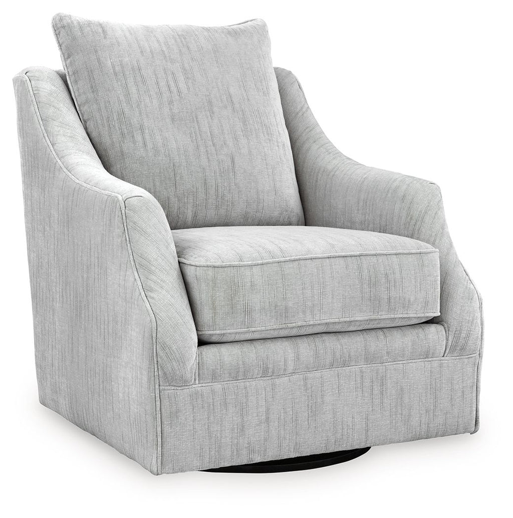 Gray upholstered swivel accent chair with high back and padded armrests.