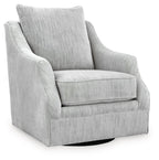Gray upholstered swivel accent chair with high back and padded armrests.