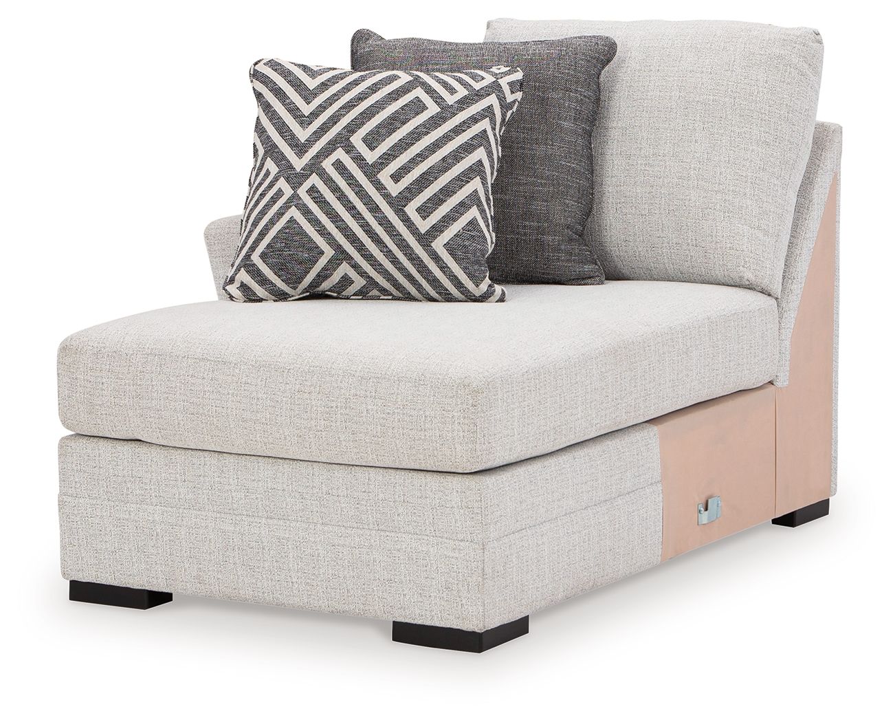 Stone gray corner chaise with square arm and patterned throw pillow