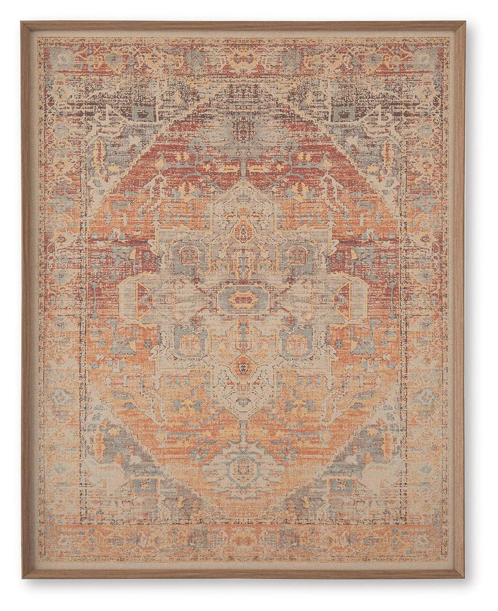 Framed wall art with ornate geometric medallion pattern in red, orange, and blue