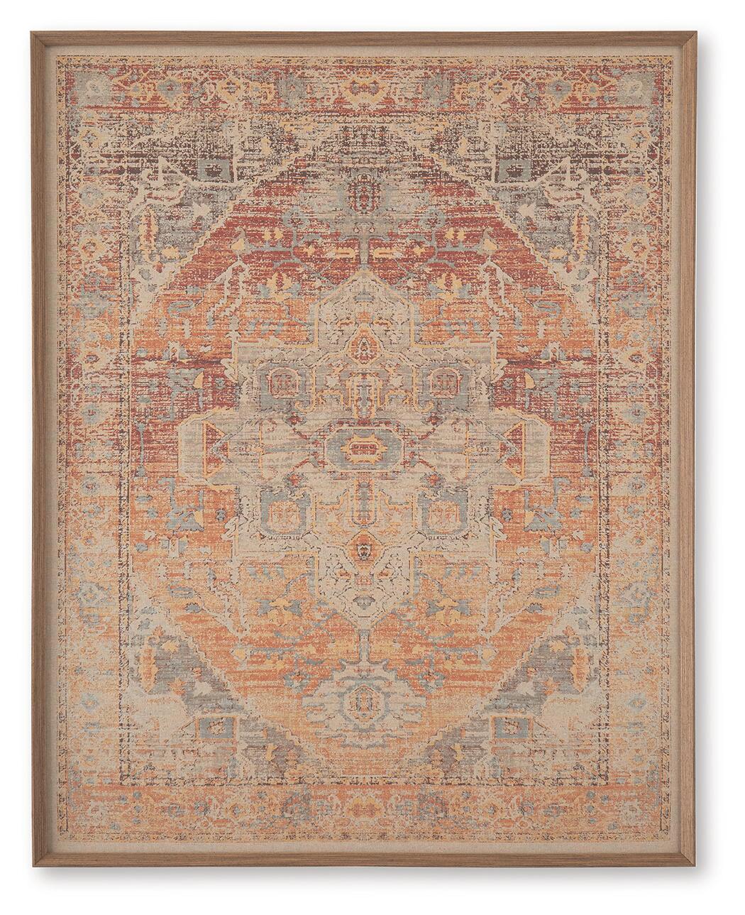 Framed wall art with ornate geometric medallion pattern in red, orange, and blue