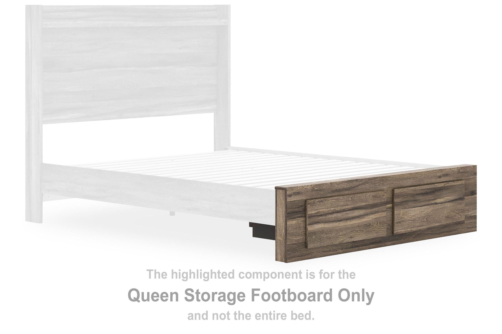 Brown queen storage footboard with two drawer panels