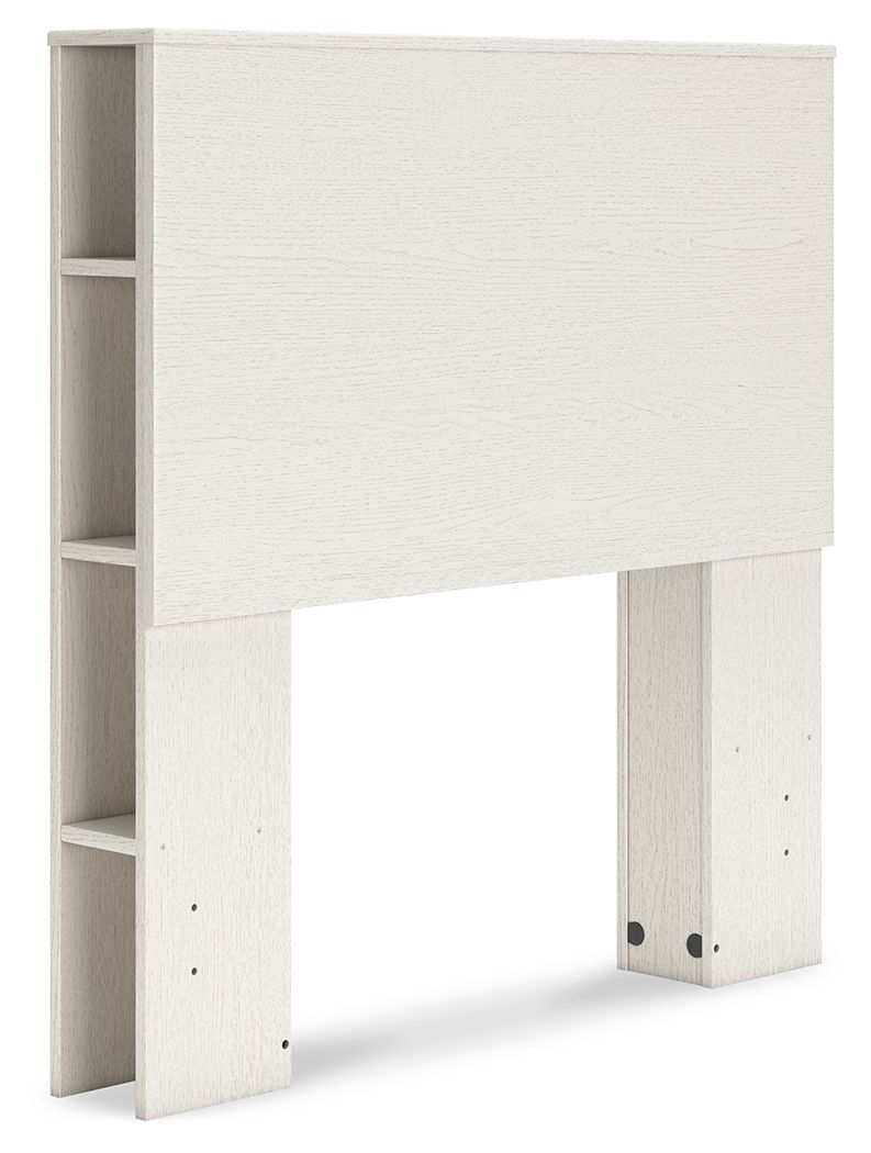 Twin white bookcase headboard with side shelves and open support posts