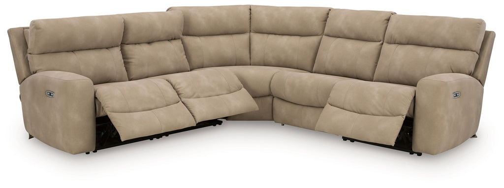 Beige power reclining sectional sofa with corner chaise and tufted armrest panels