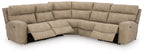 Beige power reclining sectional sofa with corner chaise and tufted armrest panels