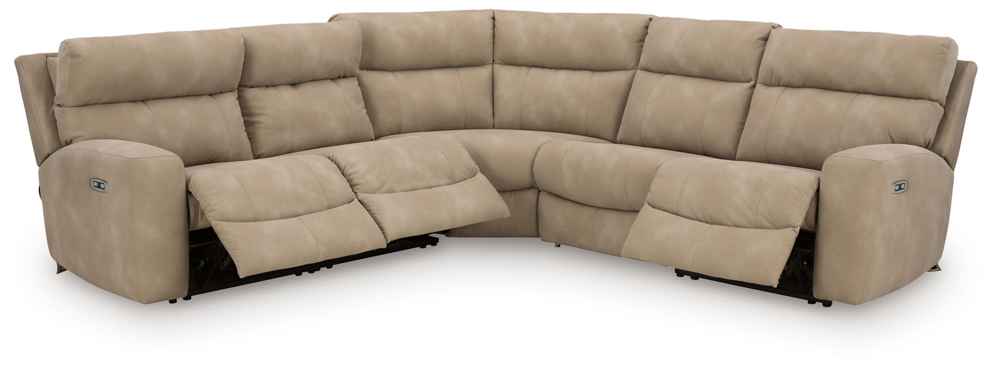 Beige power reclining sectional sofa with corner chaise and tufted armrest panels