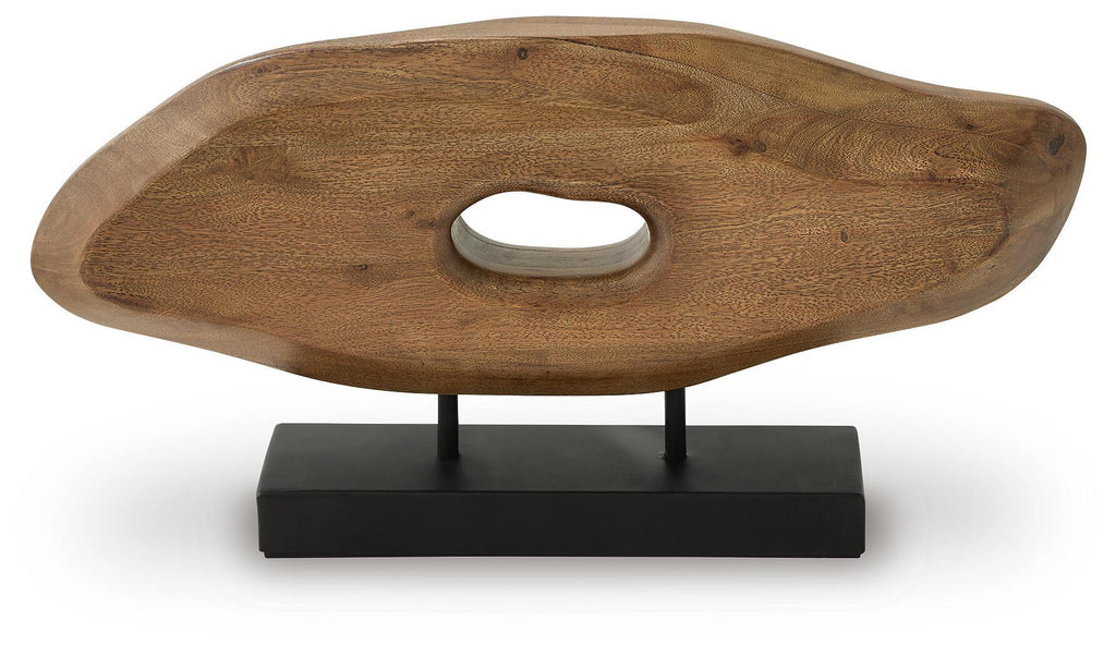 Light brown wood sculpture with oval cutout and central metal legs on black base