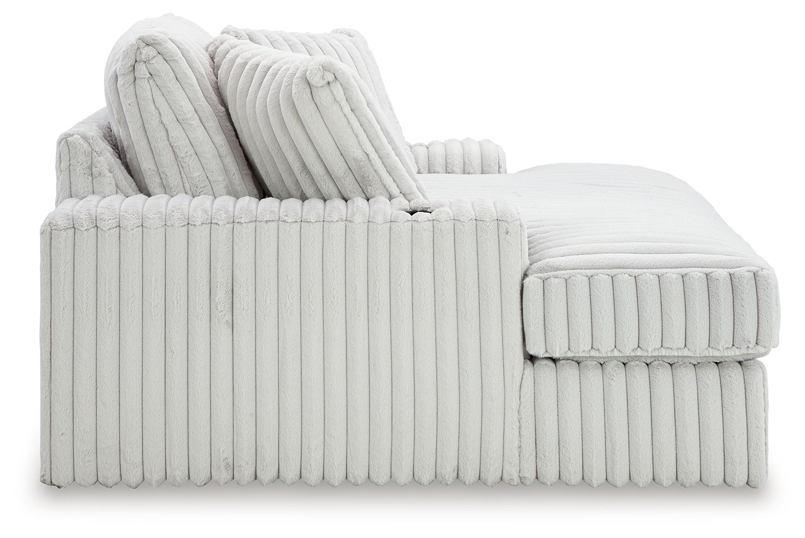Oversized chaise lounge with ribbed upholstery and rolled arm, light gray