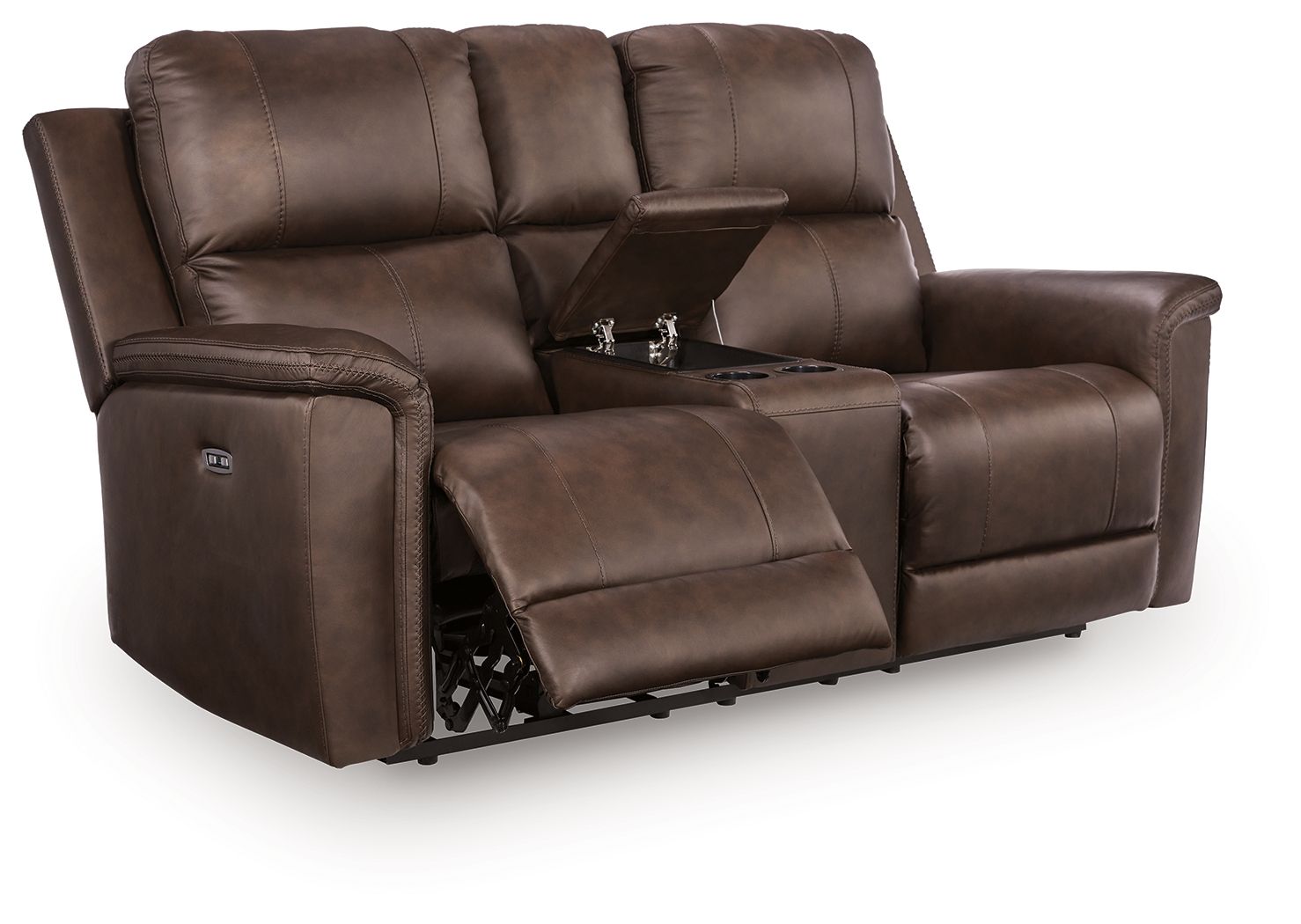 Power reclining loveseat with console, dark brown upholstery with reclined seat and footrest