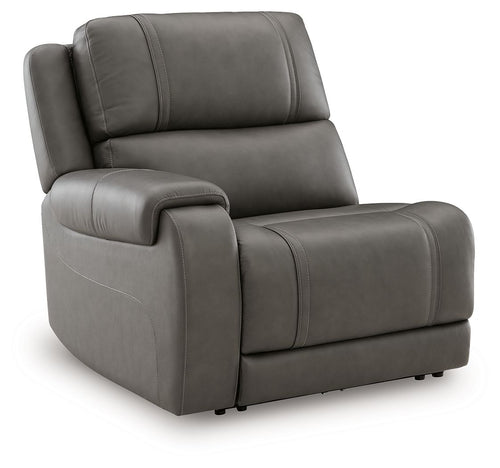 Power wall recliner in dark gray, padded arms and split-back headrest