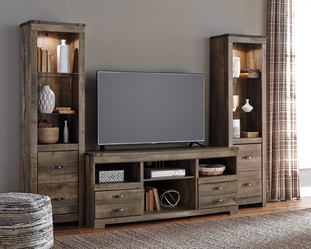 Dark brown TV entertainment center with two glass cabinets, open media shelves, and drawer storage