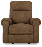 Brindle fabric rocker recliner with tall back and padded armrests