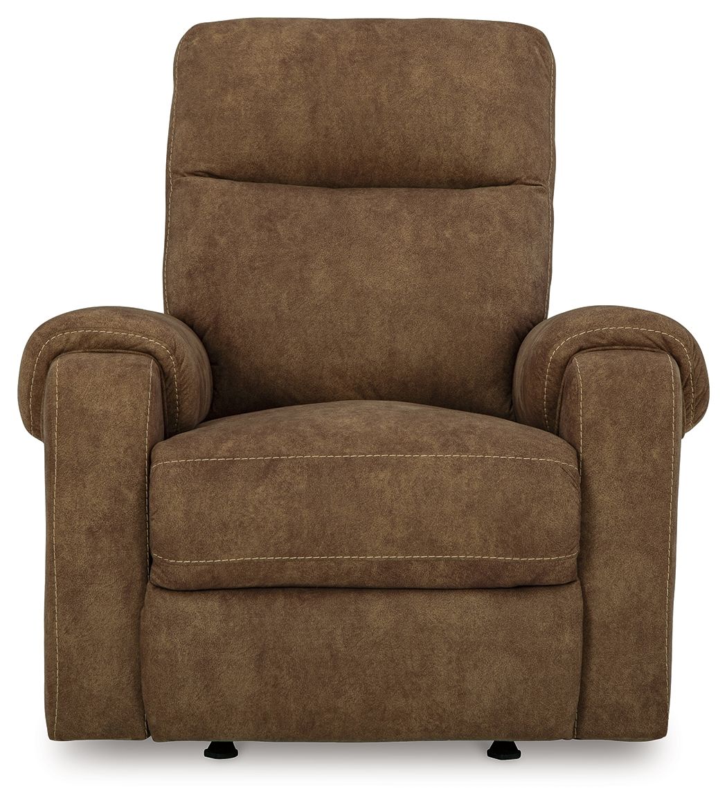 Brindle fabric rocker recliner with tall back and padded armrests