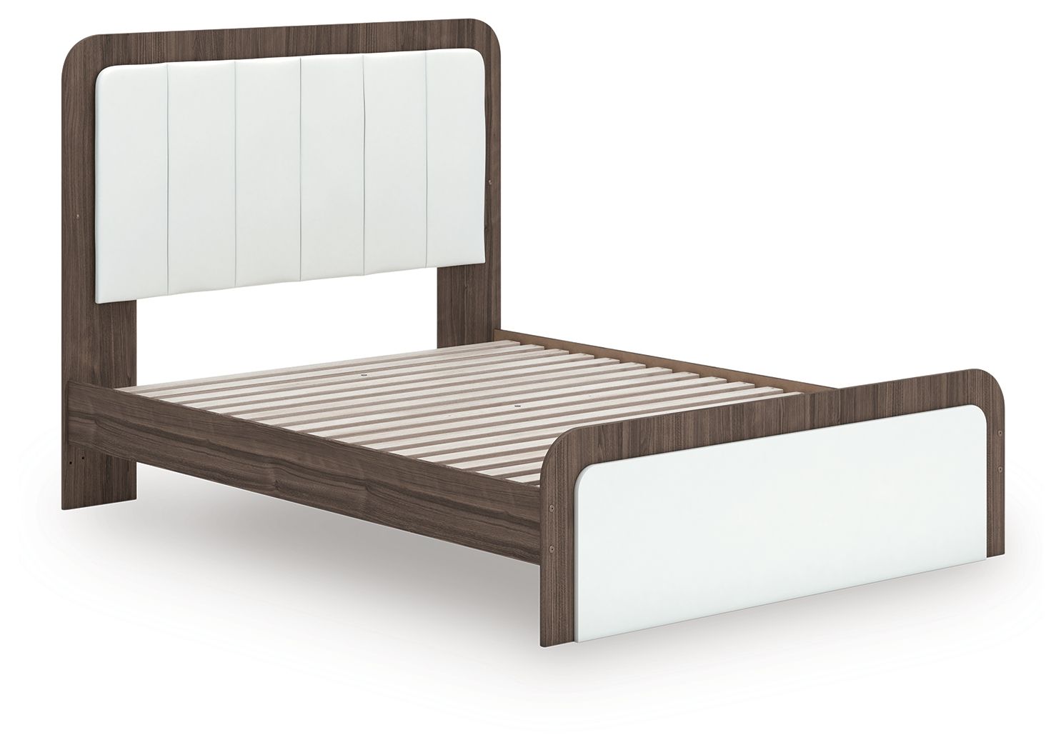 Upholstered bed with white upholstered frame, dark wood rails, and slatted base