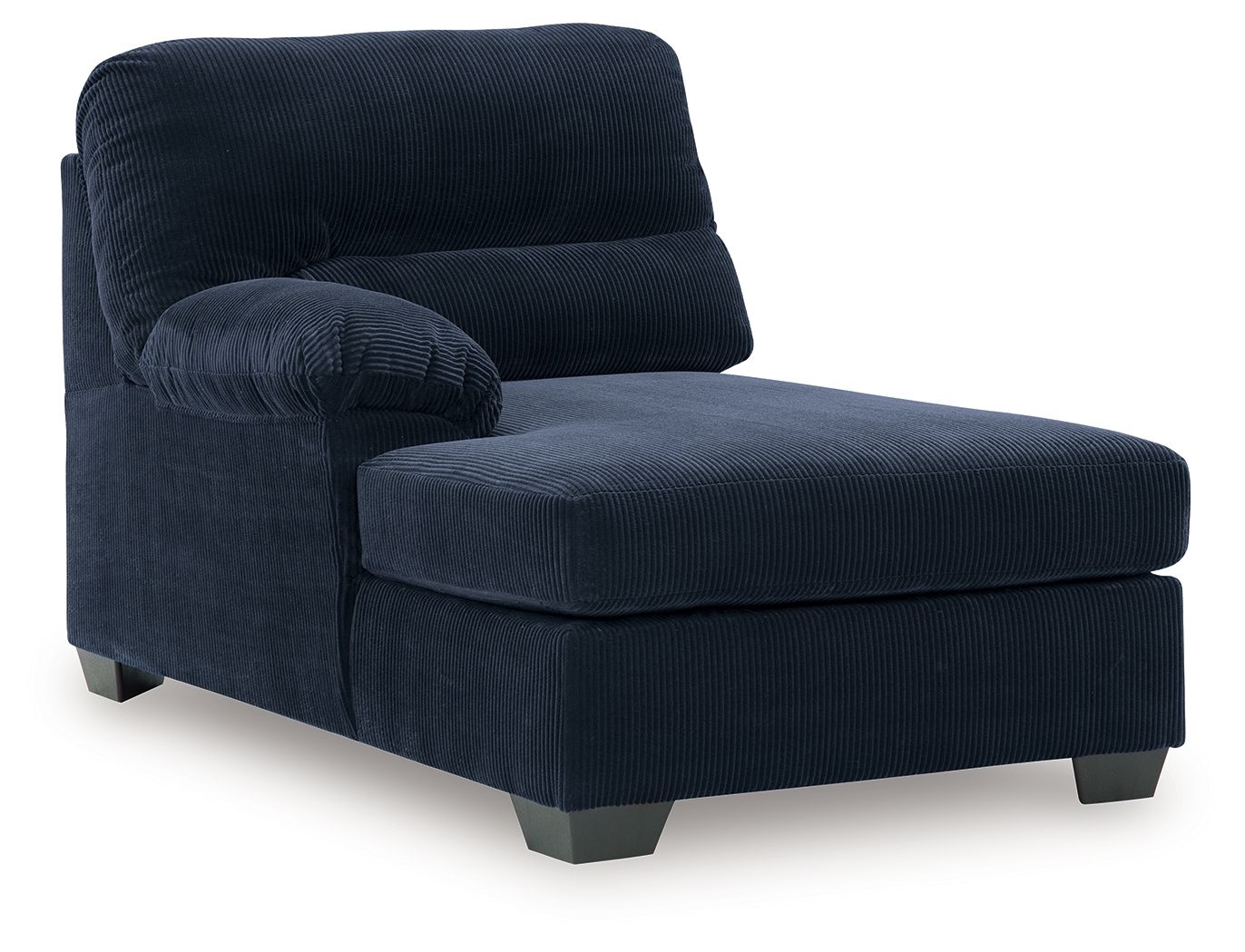 Navy corner chaise with cushioned armrest and ottoman-style seat