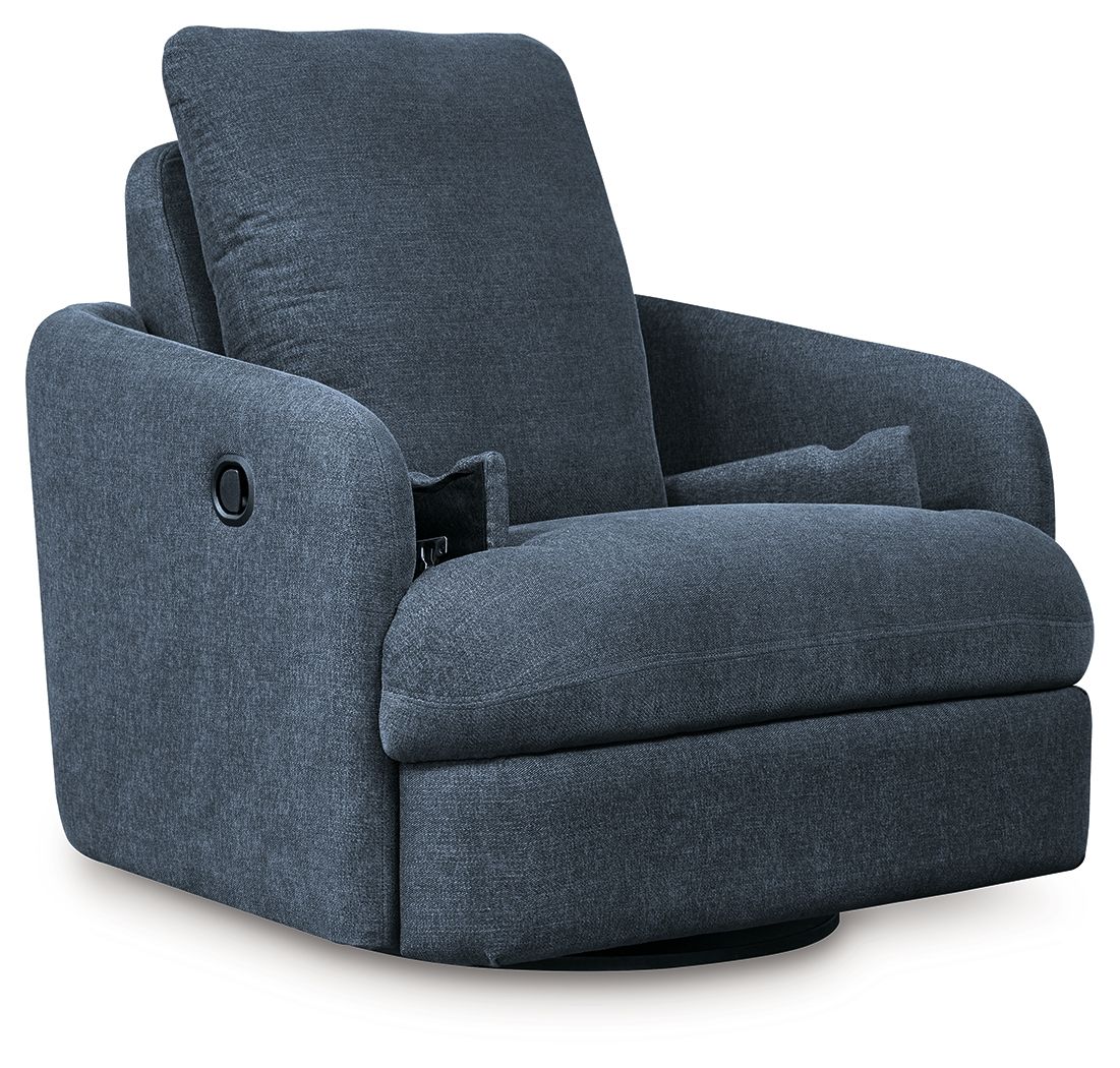 Blue swivel glider recliner with tall padded back and wide track arms