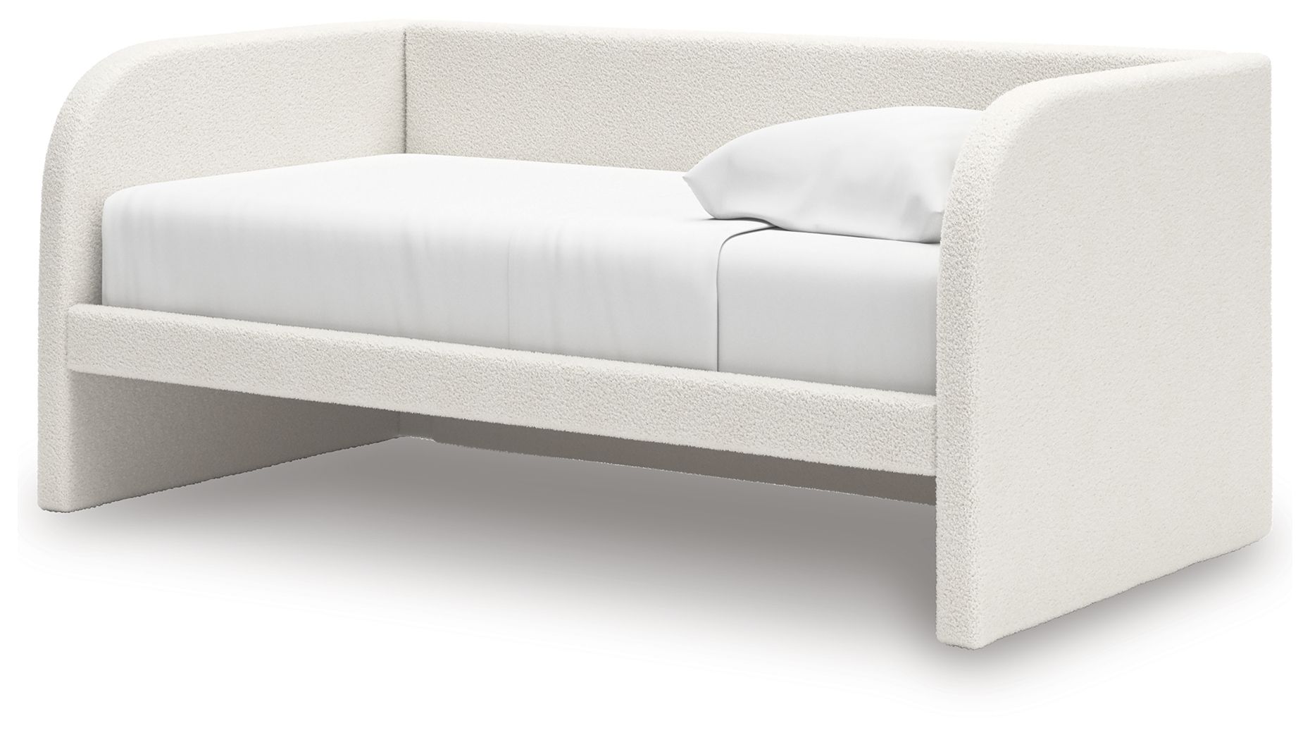 Upholstered day bed in beige fabric with white cushions; open space under the frame