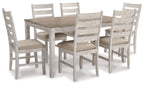 White dining table set with six chairs and light wood-look finish, straight legs