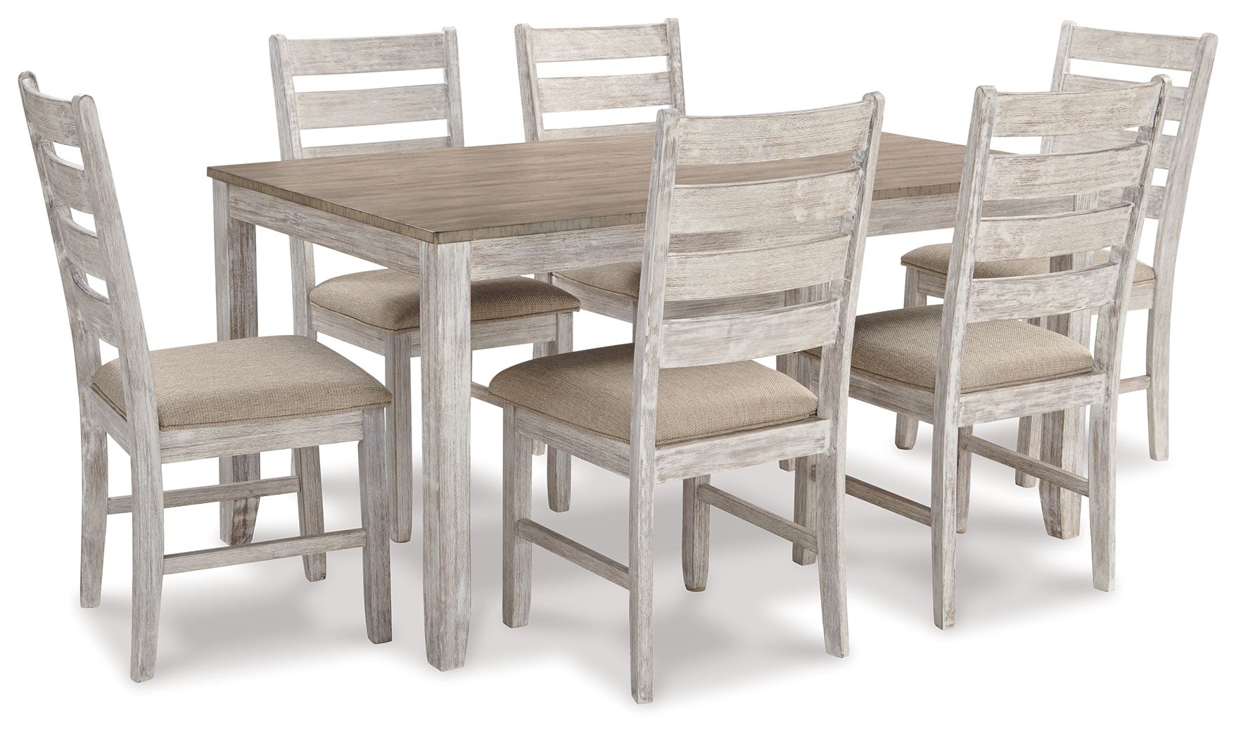 White dining table set with six chairs and light wood-look finish, straight legs