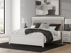 White upholstered panel platform bed with roll-slat headboard and side rails