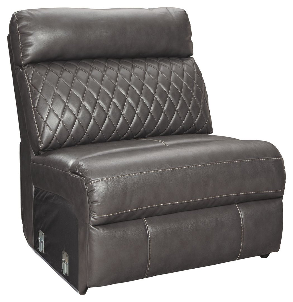 Gray armless chair with quilted backrest and padded seat, square arms and trim