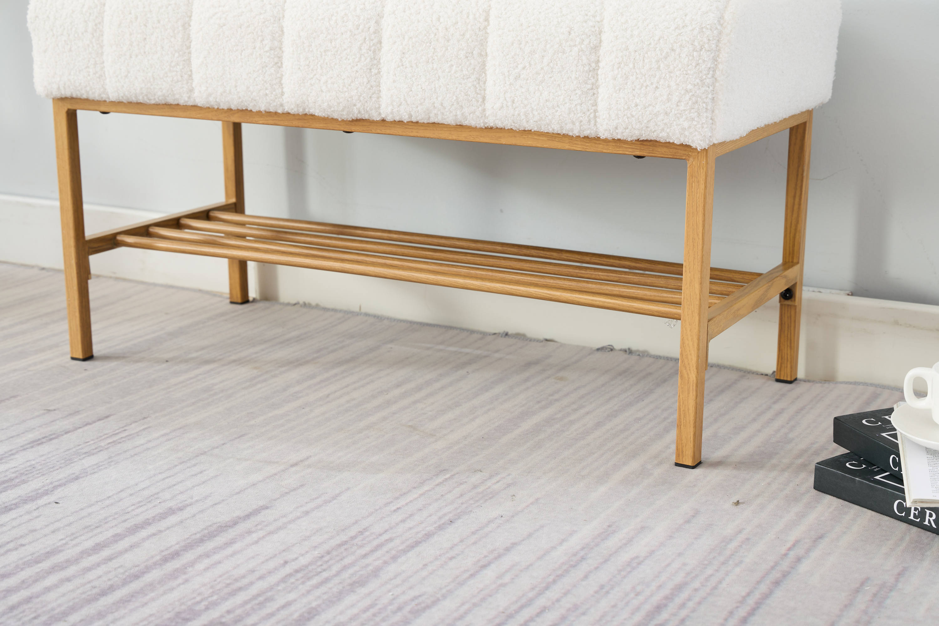 Upholstered Storage Bench with Shelf - Linen White