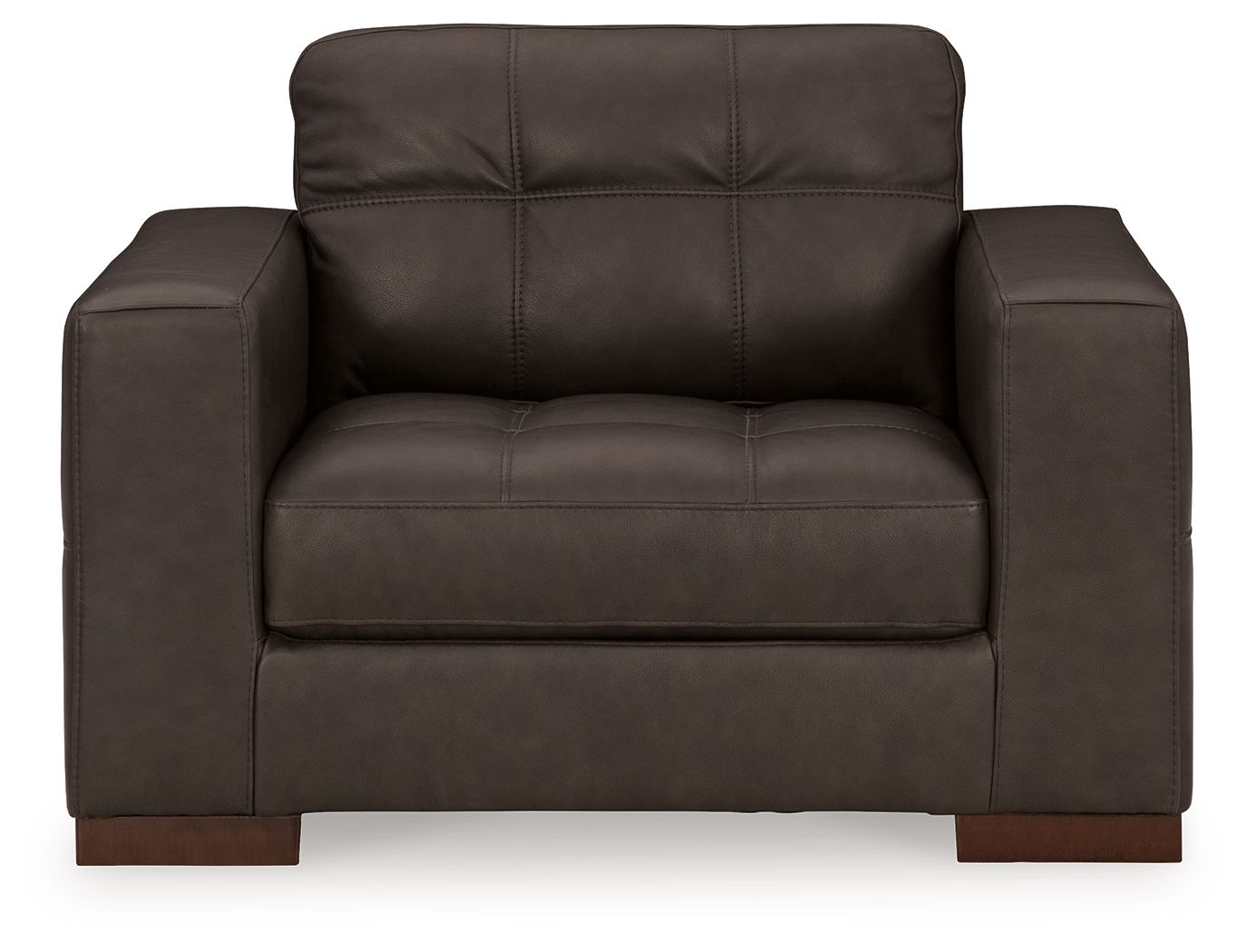 Dark brown upholstered chair, front view, with tufted back and wide padded arms