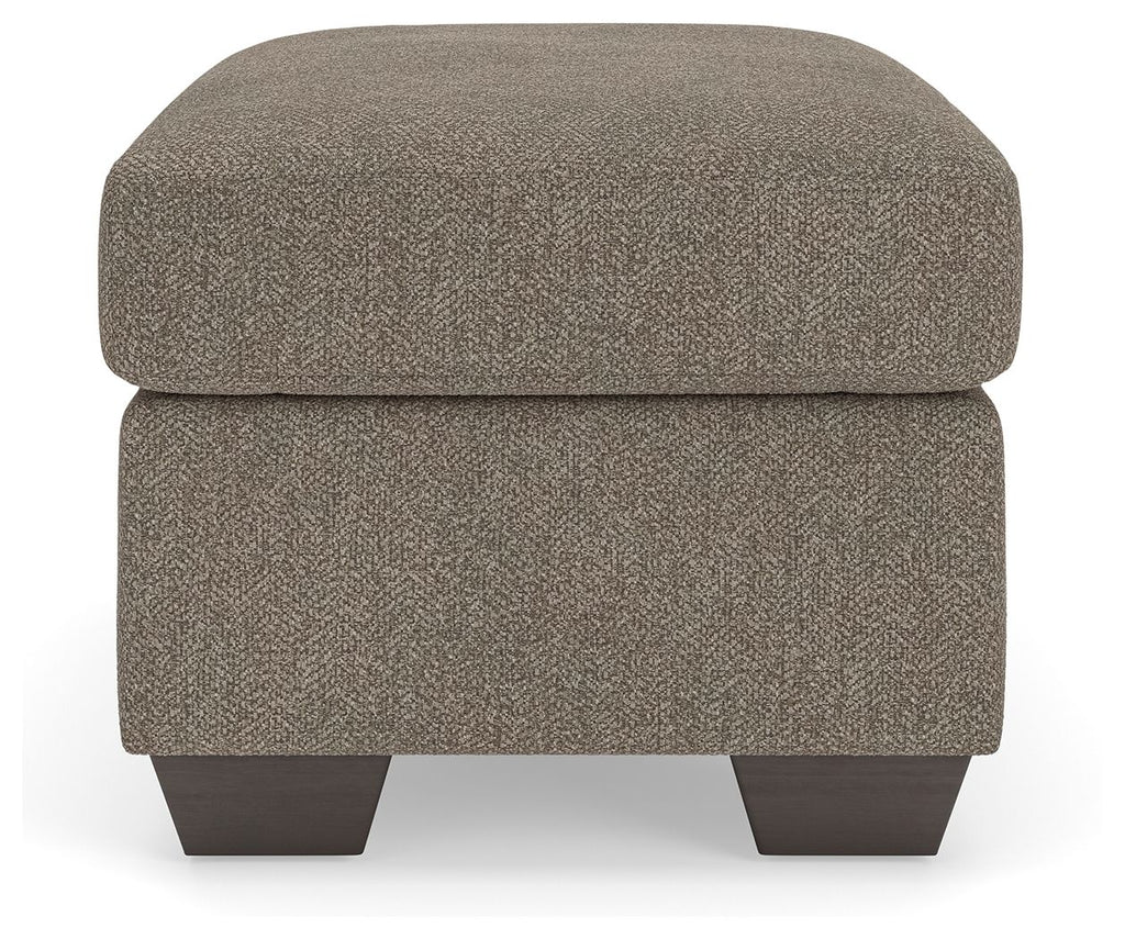 Triston-Peaks upholstered ottoman, rounded top, textured taupe fabric, dark legs