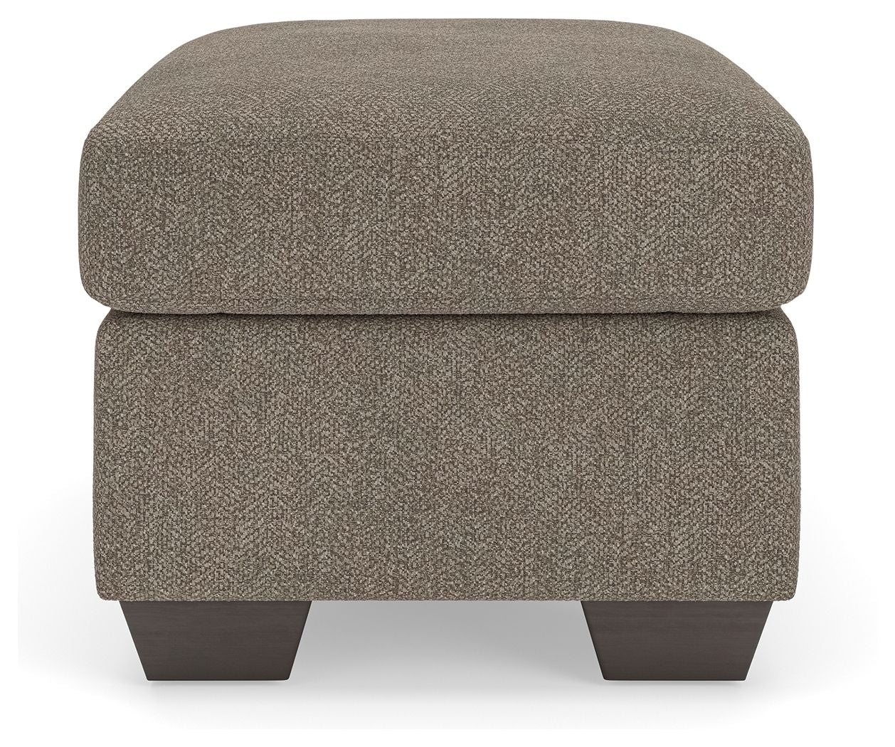 Triston-Peaks upholstered ottoman, rounded top, textured taupe fabric, dark legs