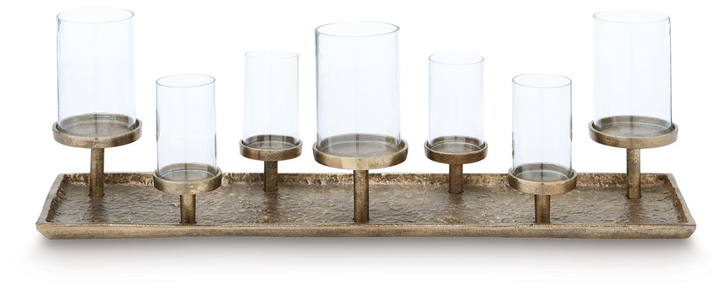Brass candle holder tray with seven clear glass cups on base
