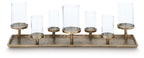 Brass candle holder tray with seven clear glass cups on base