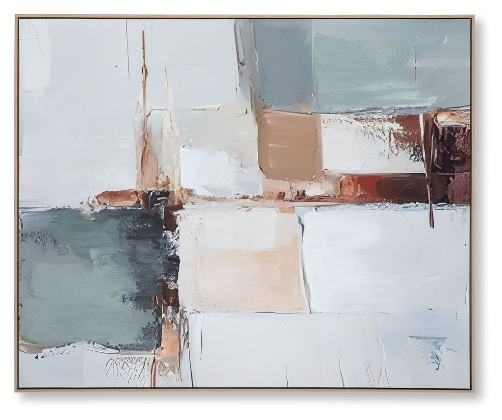 Framed abstract wall art featuring white, blue, and tan blocks with textured strokes