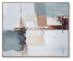Framed abstract wall art featuring white, blue, and tan blocks with textured strokes