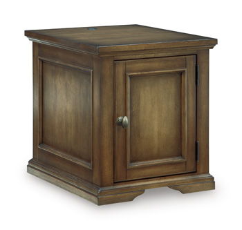 Dark brown wooden end table with cabinet door and lower shelf