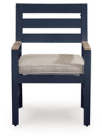 Blue arm chair with beige seat cushion, front view