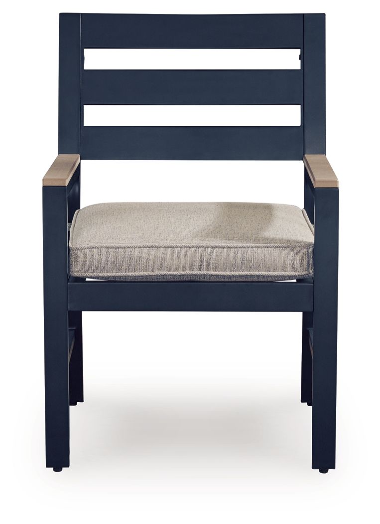 Blue arm chair with beige seat cushion, front view