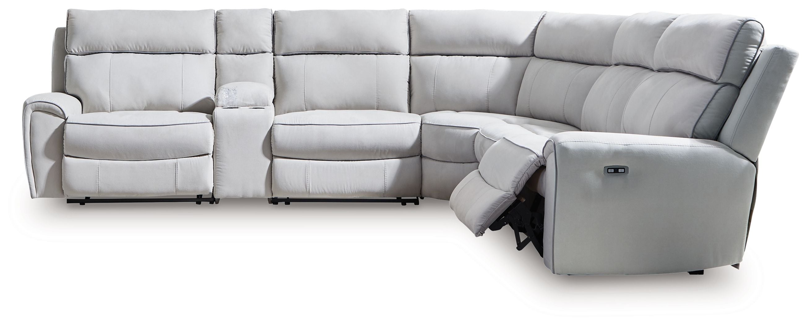 Light gray reclining sectional sofa with chaise-style seat and corner backrest