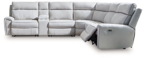 Light gray reclining sectional sofa with chaise-style seat and corner backrest