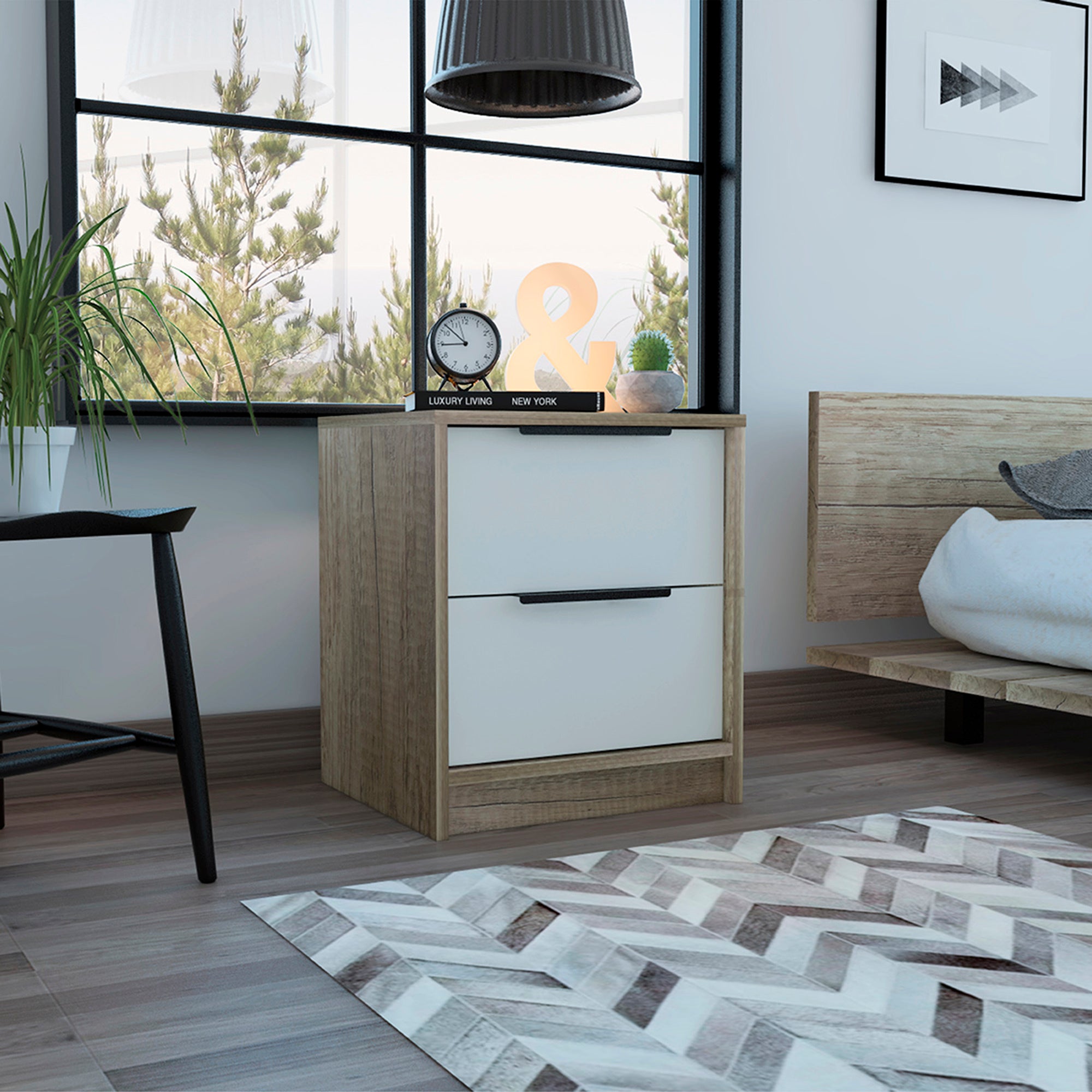 Kaia Nightstand | White/Pine End Side Table with 2 Drawers