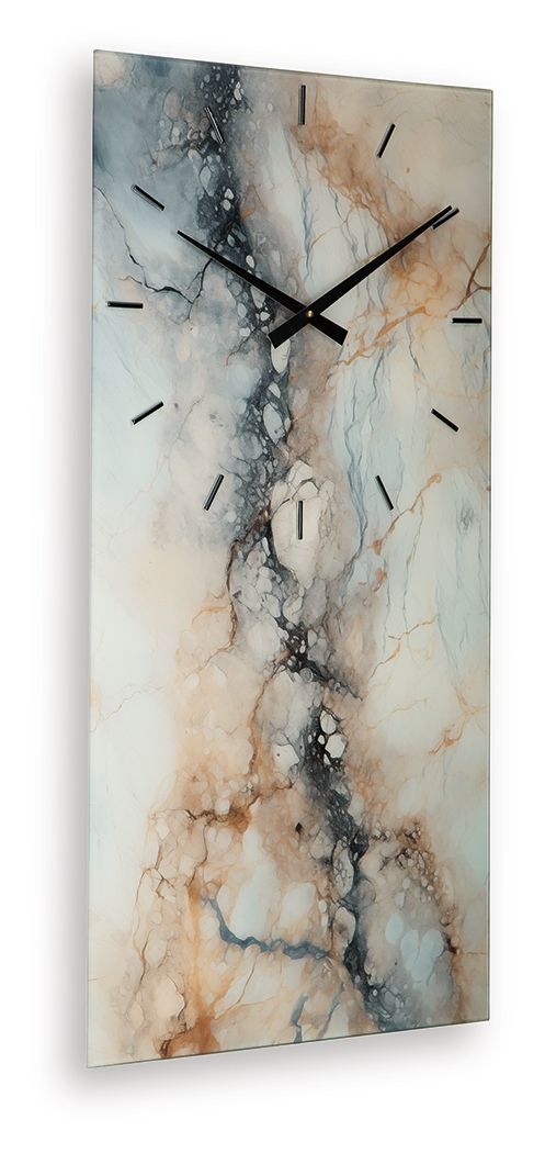 Wall clock with black hands and cream-blue marble with dark accents