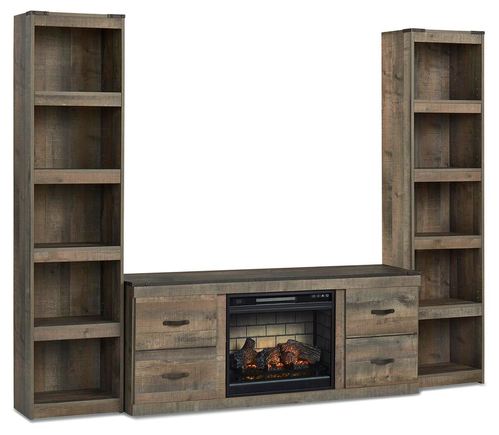 Trinell 3-piece entertainment center with electric fireplace, open shelves and drawers
