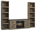 Trinell 3-piece entertainment center with electric fireplace, open shelves and drawers